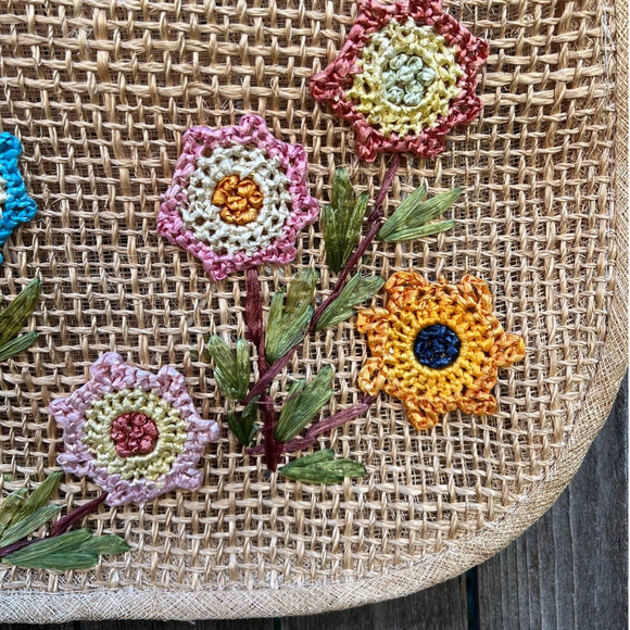 Philippine Floral Raffia Purse Embroidered Wooden Handle Handmade‎ - Picture 3 of 8